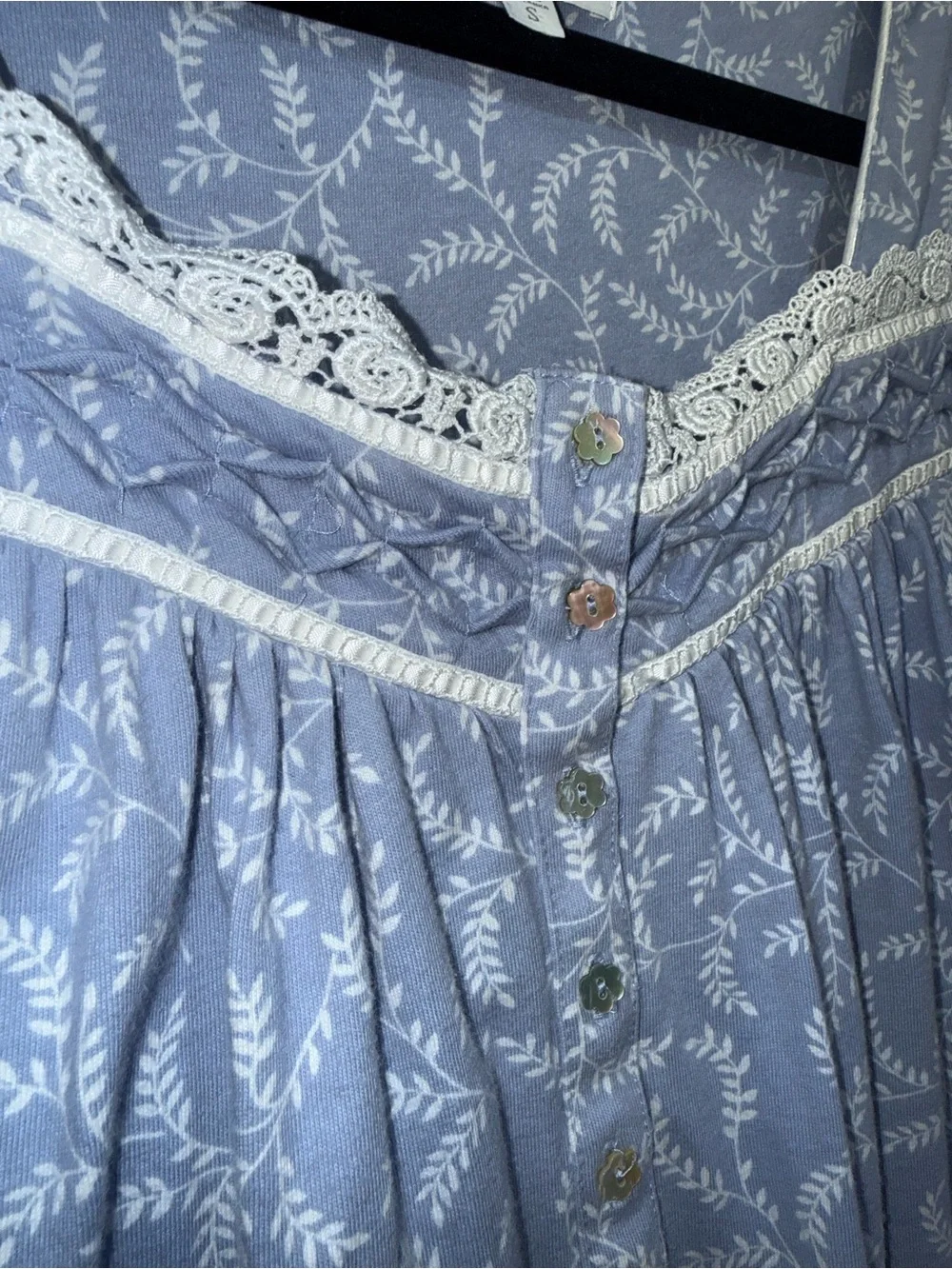 Eileen West Blue Leaf-Print Traditional Nightgown with White Lace Rouched Trim S